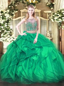 Fantastic Turquoise Two Pieces Scoop Sleeveless Organza Floor Length Lace Up Beading and Ruffles 15 Quinceanera Dress