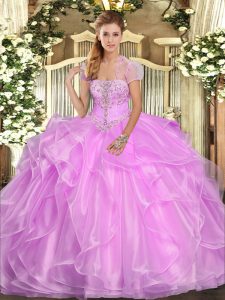 Beauteous Lilac Lace Up Strapless Appliques and Ruffles Vestidos de Quinceanera Organza Sleeveless