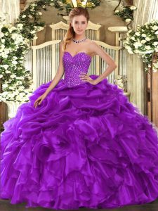  Purple Ball Gowns Beading and Ruffles and Pick Ups Quince Ball Gowns Lace Up Organza Sleeveless Floor Length