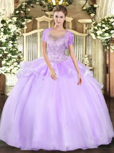 Great Scoop Sleeveless Tulle Sweet 16 Quinceanera Dress Beading and Ruffles Clasp Handle