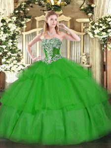  Green Tulle Lace Up Quince Ball Gowns Sleeveless Floor Length Beading and Ruffled Layers
