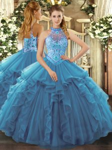 Dynamic Floor Length Lace Up Vestidos de Quinceanera Teal for Sweet 16 and Quinceanera with Beading and Ruffles