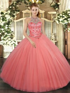 Traditional Watermelon Red Tulle Lace Up Halter Top Sleeveless Floor Length Quinceanera Gowns Beading and Embroidery