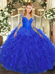 Latest Royal Blue Lace Up Scoop Lace and Ruffles Quinceanera Gowns Tulle Long Sleeves