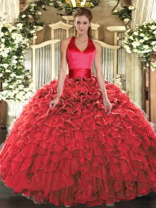 Hot Selling Sleeveless Floor Length Ruffles Lace Up Quinceanera Dress with Red