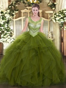  Sleeveless Tulle Floor Length Lace Up Vestidos de Quinceanera in Olive Green with Beading and Ruffles