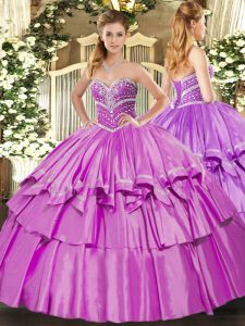 Pretty Lilac Ball Gowns Beading and Ruffled Layers Sweet 16 Dresses Lace Up Organza and Taffeta Sleeveless Floor Length