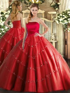 Adorable Strapless Sleeveless 15 Quinceanera Dress Floor Length Appliques Red Tulle