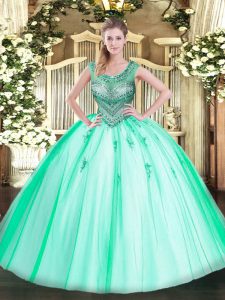  Apple Green Tulle Lace Up Scoop Sleeveless Floor Length Sweet 16 Quinceanera Dress Beading