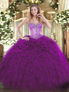 Latest Eggplant Purple Lace Up Sweetheart Beading and Ruffles Sweet 16 Quinceanera Dress Organza Sleeveless