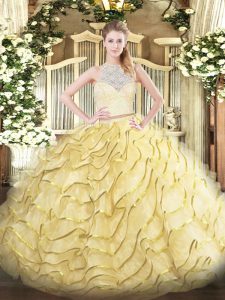 Glittering Gold Two Pieces Tulle Scoop Sleeveless Lace and Ruffles Zipper Sweet 16 Dress Brush Train