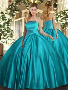  Floor Length Ball Gowns Sleeveless Teal Quince Ball Gowns Lace Up