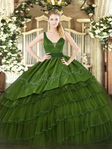 Affordable Straps Sleeveless Sweet 16 Quinceanera Dress Floor Length Beading and Embroidery and Ruffled Layers Dark Green Organza and Taffeta