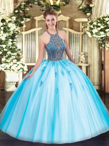 Attractive Aqua Blue Ball Gowns Tulle Halter Top Sleeveless Beading and Appliques Floor Length Lace Up Sweet 16 Quinceanera Dress