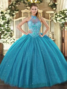 Vintage Teal Halter Top Neckline Beading and Embroidery Quinceanera Dresses Sleeveless Lace Up