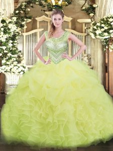 Affordable Beading and Ruffles and Pick Ups Ball Gown Prom Dress Yellow Green Lace Up Sleeveless Floor Length