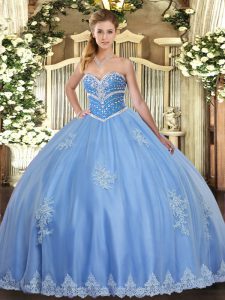 Exquisite Ball Gowns Vestidos de Quinceanera Blue Sweetheart Tulle Sleeveless Floor Length Lace Up