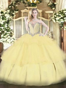 Custom Design Gold Ball Gowns Sweetheart Sleeveless Tulle Floor Length Lace Up Beading and Ruffled Layers 15 Quinceanera Dress