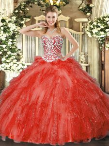  Coral Red Ball Gowns Sweetheart Sleeveless Tulle Floor Length Side Zipper Beading and Ruffles Sweet 16 Dresses