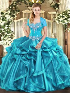  Aqua Blue Sleeveless Organza Lace Up Quinceanera Dress for Military Ball and Sweet 16 and Quinceanera