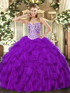 Spectacular Sleeveless Tulle Floor Length Lace Up Sweet 16 Quinceanera Dress in Purple with Beading and Ruffles