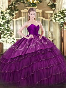  Eggplant Purple Ball Gowns Embroidery and Ruffled Layers 15th Birthday Dress Zipper Organza and Taffeta Sleeveless Floor Length