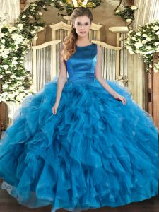  Teal Sleeveless Floor Length Ruffles Lace Up Quince Ball Gowns