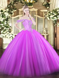  Lilac Ball Gowns Tulle Off The Shoulder Sleeveless Beading Floor Length Lace Up Quinceanera Dresses