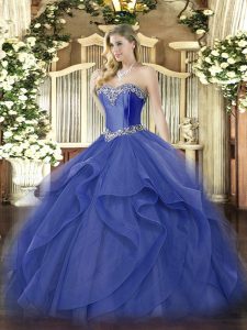 Custom Design Blue Tulle Lace Up Sweetheart Sleeveless Floor Length Ball Gown Prom Dress Beading and Ruffles
