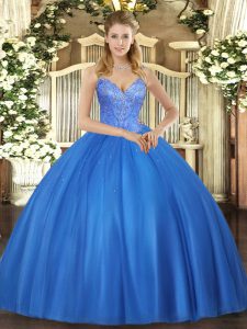  Ball Gowns Quinceanera Dress Blue V-neck Tulle Sleeveless Floor Length Lace Up