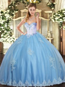  Aqua Blue Sleeveless Floor Length Beading and Appliques Lace Up Quinceanera Dresses