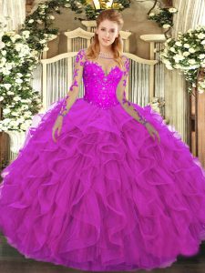  Fuchsia Long Sleeves Floor Length Lace and Ruffles Lace Up Ball Gown Prom Dress