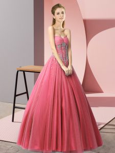  Sleeveless Floor Length Beading Lace Up Prom Evening Gown with Coral Red