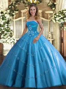  Baby Blue Lace Up Strapless Beading and Appliques Quinceanera Gowns Tulle Sleeveless