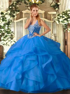  Ball Gowns 15 Quinceanera Dress Baby Blue Straps Tulle Sleeveless Floor Length Lace Up