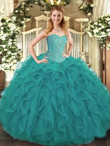 High End Turquoise Ball Gowns Tulle Sweetheart Sleeveless Beading and Ruffles Floor Length Lace Up Ball Gown Prom Dress