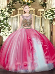Excellent Sleeveless Floor Length Beading and Ruffles Lace Up Quinceanera Gown with Coral Red