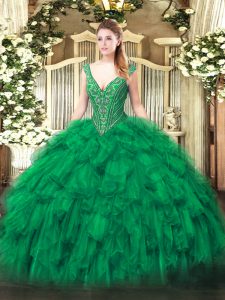  V-neck Sleeveless Lace Up Quince Ball Gowns Green Organza