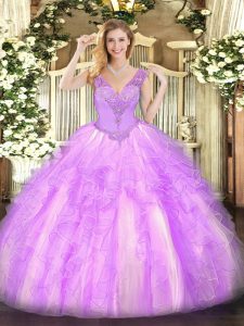  Beading and Ruffles Quince Ball Gowns Lilac Lace Up Sleeveless Floor Length