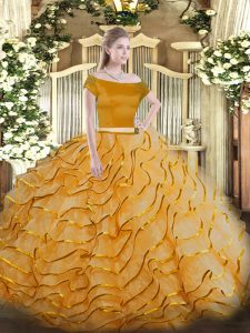 Top Selling Orange Off The Shoulder Zipper Appliques and Ruffled Layers Vestidos de Quinceanera Brush Train Short Sleeves