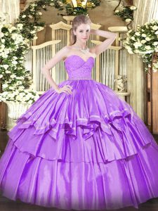  Lilac Sleeveless Floor Length Beading and Lace and Ruffled Layers Zipper Sweet 16 Dresses