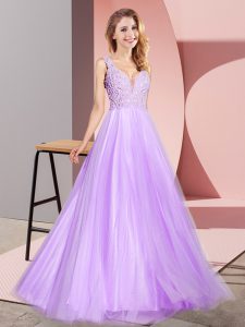  Lavender Sleeveless Lace Floor Length Homecoming Dress