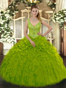  Olive Green Quinceanera Dresses Military Ball and Sweet 16 and Quinceanera with Beading and Ruffles V-neck Sleeveless Zipper