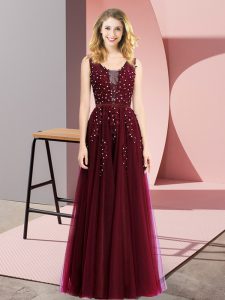 Graceful Burgundy Tulle Backless Square Sleeveless Floor Length Prom Party Dress Beading and Appliques