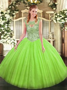 Ideal Sleeveless Floor Length Beading Lace Up Quince Ball Gowns with 