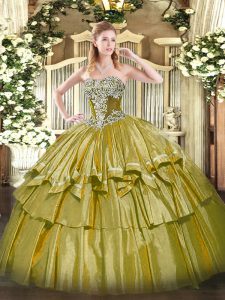High End Olive Green Sleeveless Organza and Taffeta Lace Up 15th Birthday Dress for Military Ball and Sweet 16 and Quinceanera