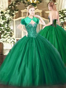  Dark Green Tulle Lace Up Sweetheart Sleeveless Floor Length Quinceanera Gowns Beading