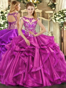  Fuchsia Sleeveless Organza Lace Up Sweet 16 Dress for Sweet 16 and Quinceanera