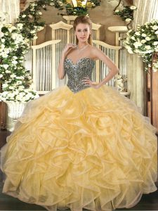  Gold Ball Gowns Beading and Ruffles Sweet 16 Quinceanera Dress Lace Up Organza Sleeveless Floor Length
