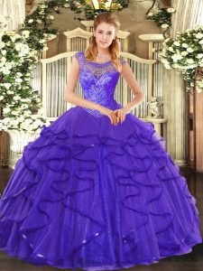  Blue Ball Gowns Scoop Sleeveless Tulle Floor Length Lace Up Beading and Ruffles Quince Ball Gowns